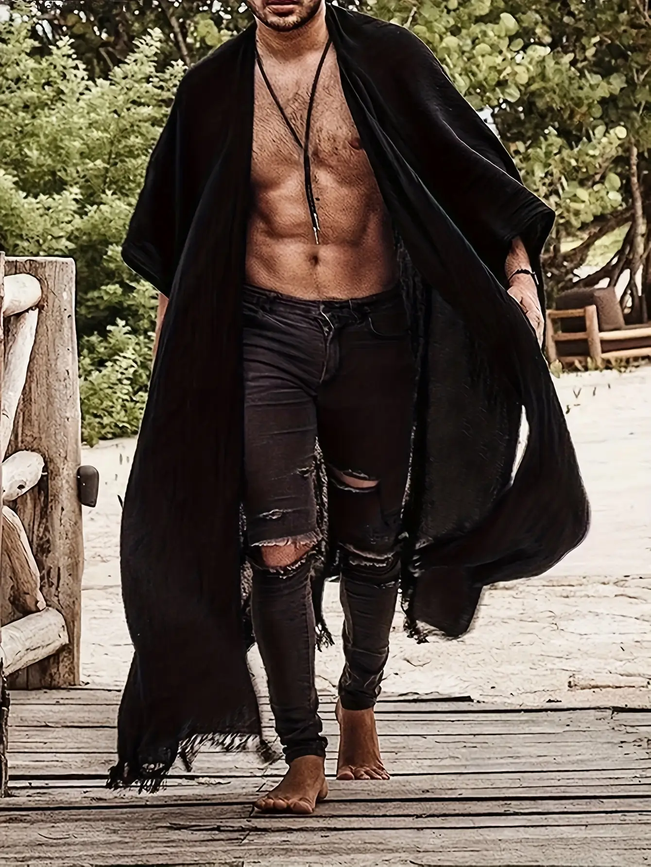Men's Black Kimono Robe Casual Open Front Long Cardigan Tassel Robe Shawl Collar Lightweight Drape Cape Summer Loose Beach Long Tunic