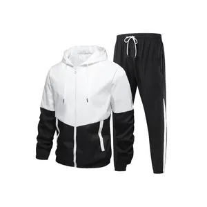 Blue and white color-blocked men’s sports set – hooded zip-up jacket and drawstring jogger pants, 2-piece streetwear tracksuit set