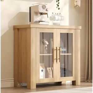 Wood Buffet Cabinet with Tempered Glass Doors, Sturdy Sideboard with Storage, Metal Handles for Living Room, Dining Room, or Kitchen
