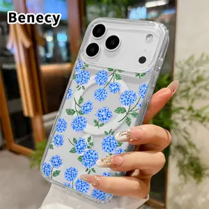 Magnetic Soft Case for iPhone 17 16  Pro Max Plus 15 14 13 12 11 Air E Blue Hydrangea Dream Pattern Anti-Yellowing Shockproof ultra-thin Silicone Crystal Transparent Acrylic Large Hole Cover Supports Wireless Charging
