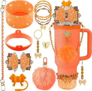 11 count Accessories for  Cup 40oz&30oz Tumbler Accessories including  Cute Blue Bow Straw Topper Cover   Boot Leather Water Handle Strap Bracelet Y2K Orange Charms