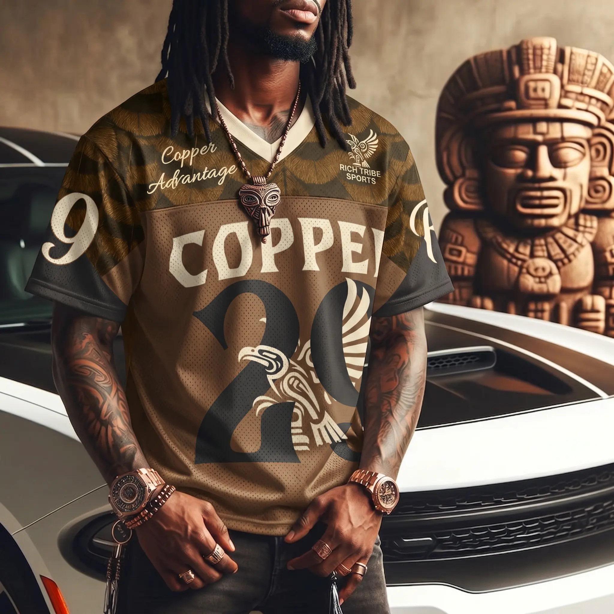 “The Copper Advantage” Niiji Elite Black-indigenous Men’s Boxy football jersey- Copper American Indian Jersey, Eagle Feather Design, Copper Eagle Design Jersey, Rich Tribe America Fashion, All over Print, Copper Indian Style