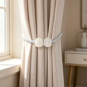 Pearl Magnetic Curtain Tiebacks, Minimalist Luxury Style, No Drilling, Braided Rope, Pearl Details, Universal Fit, 8 Colors Available