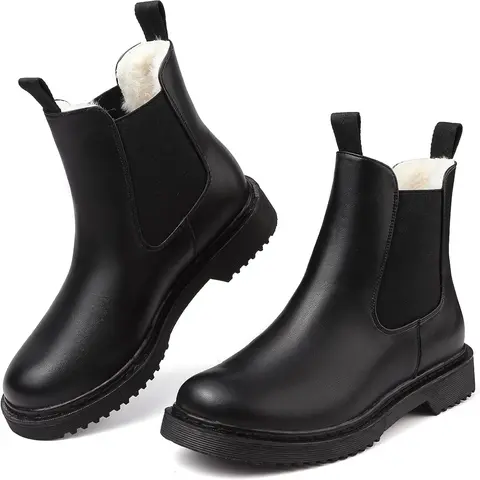 Women's Winter Boots Chelsea Style Warm Fur Lined Slip On Chunky Ankle Booties in Black PU Leather Comfortable & Non-Slip Rubber Soles