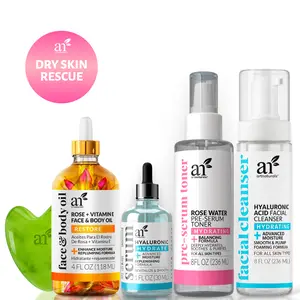 ArtNaturals Dry Skin Rescue Bundle - Body Oil Gua Sha Set, Hyaluronic Serum, Rose Water Toner & Hyaluronic Acid Cleanser for Hydration