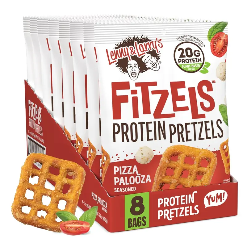 Lenny & Larry's Pizza Palooza FITZELS- Savory Pretzel Snacks Incredibly Tasty High Protein, Salty, Vegan 20 g's of Plant Based Protein 8 (eight) Bags, 3 oz Each