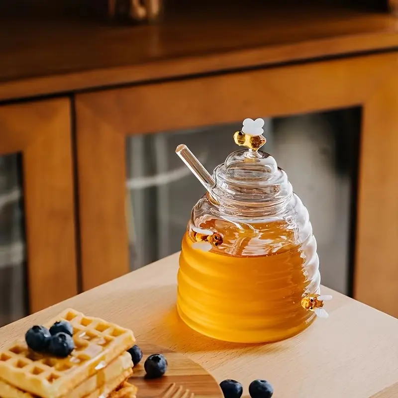 1pc Glass Honey Jar 16.91oz with Lid and Dipper, High Borosilicate Transparent Honey Bottle, Animal Theme, BPA-Free Storage Container for Honey and Jam
