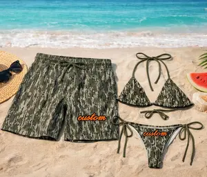 Custom Kendall Camo Bikini Set Matching Bottomland Camo Couples Swimwear, Bikini Tie Side Thong & Men’s Beach Shorts Set