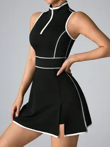 Women's Sporty Yoga Fitness Dress, Slim Fit Sleeveless High Neck Exercise Casual Dress with Pockets, Comfortable Running Outdoor Wear, Athletic Tennis Dress