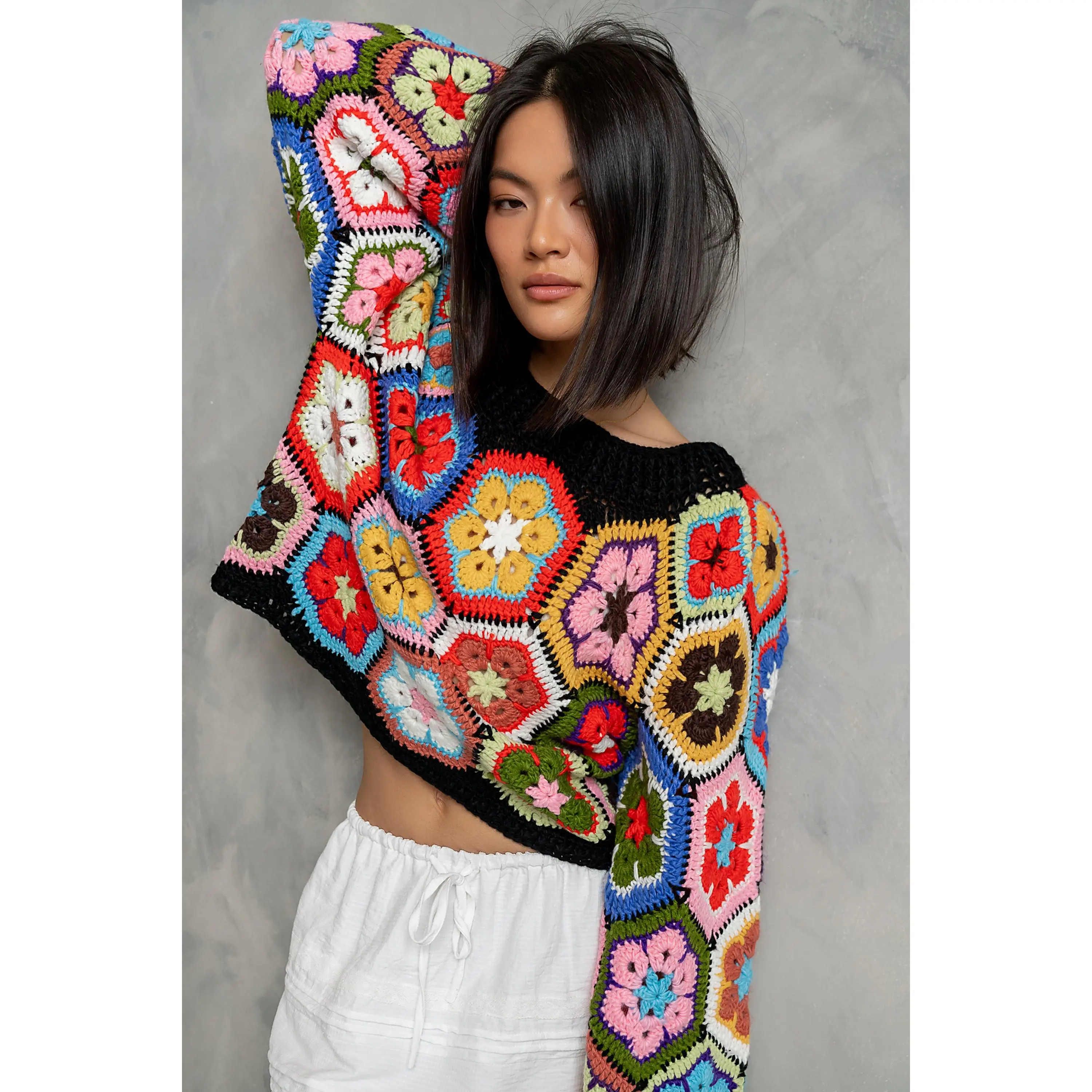 Anisa Crochet Sweater in Black