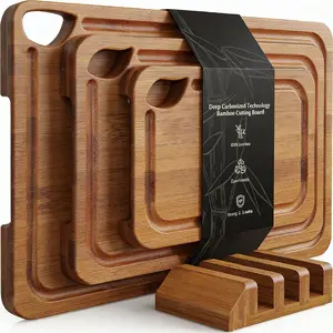 4-Piece Bamboo Cutting Board Set with Holder - Food-Grade Charcuterie & Chopping Boards for Meat, Vegetables, Fruits - Durable, Eco-Friendly, 3 Sizes for Kitchen Use，Easy-Grip Handles, Knife-Friendly, Kitchen Gift