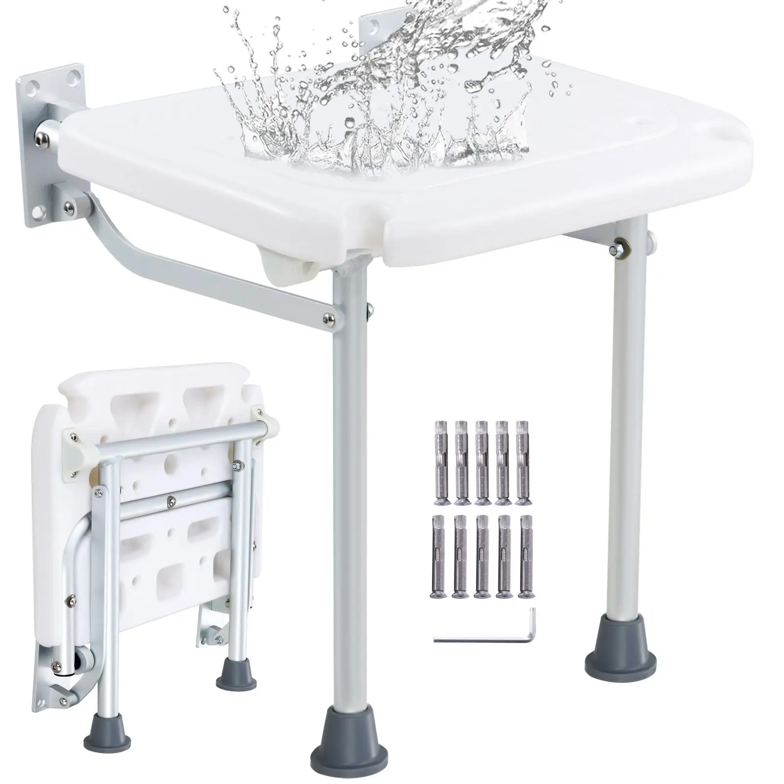 VEVOR Folding PE Shower Seat,  15.7'' x 14.8'' Unfolded, Wall Mounted Fold Up Shower Bench with 500 lbs Load Capacity, Space Saving Fold Down Shower Chair for Seniors Pregnant Women Children Adults