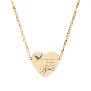 Engraved Heart Necklace | Personalized Script, Bird and Branch Design