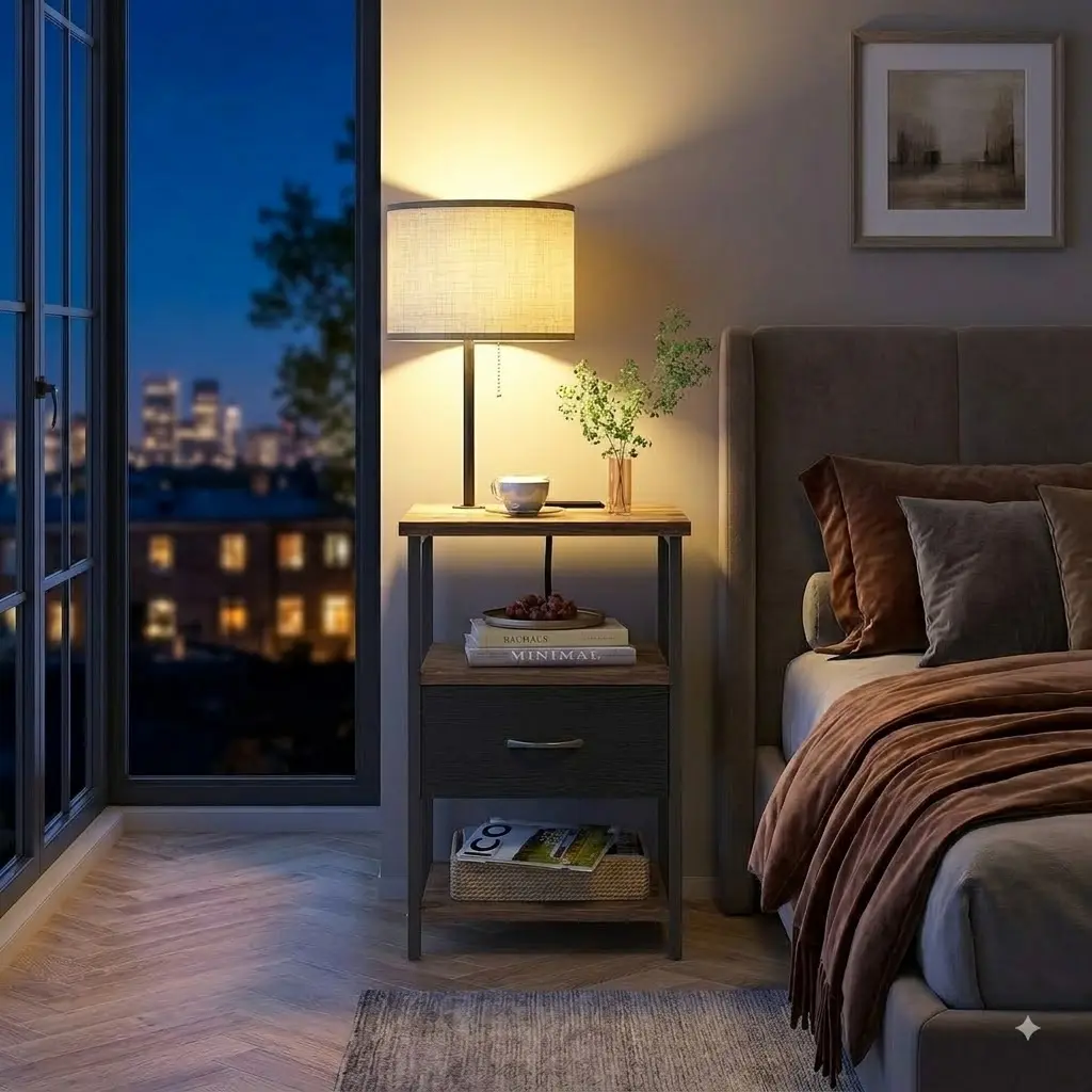 Nightstand with Lights Bedside Table with 3 Color Temperatures Bulb, Night Stand with Charging Station End Table with Adjustable Fabric Drawer for Bedroom Dorm