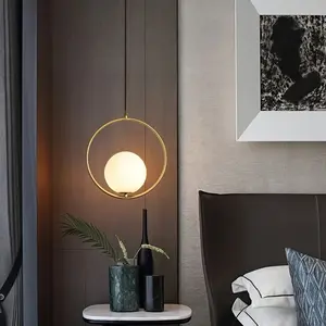 Modern Globe Pendant Light, Lamp with Etched Brass Rings and Milk Glass Shade, Adjustable Medieval Style E27 Socket