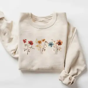 Vintage Pressed Flowers Sweatshirt, Boho Cottagecore Sweatshirt, Pastel Botanical Floral Crewneck Sweater, Fairycore Oversized Wildflowers Sweatshirt