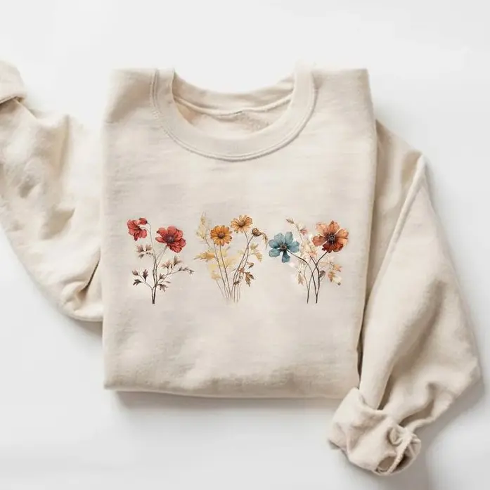 Vintage Pressed Flowers Sweatshirt, Boho Cottagecore Sweatshirt, Pastel Botanical Floral Crewneck Sweater, Fairycore Oversized Wildflowers Sweatshirt