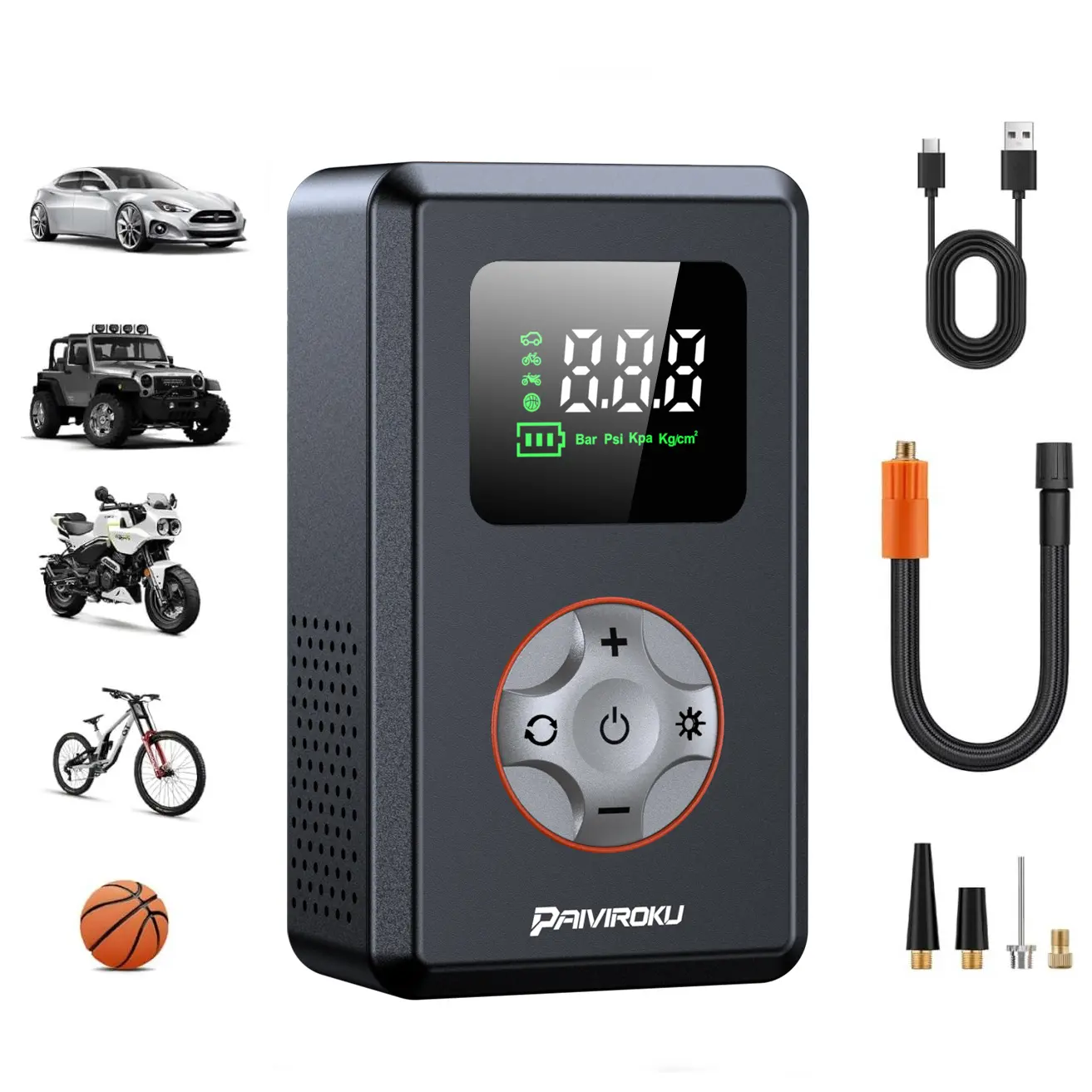 【YL01】MC Tire Inflator Portable Air Compressor Cordless Bike Pump with Digital Dual Values Display, 130 PSI Car Tires Pump with LED Lights Air Pump for Bikes, Motorcycles, Balls（15cm Car Air Hose）