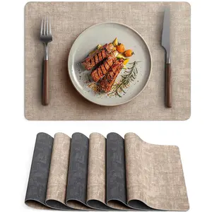 Faux Leather Vinyl Placemats Set of 6 Wipeable Heat Resistant Place Mats 100% Washable - Waterproof - Anti Slip Reversible Table Mats for Kitchen/Dining/Party/Outdoor, 12" x 16.5", Khaki & Black