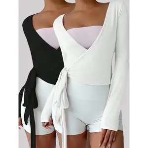 Women's Multi-Color Yoga Fitness Sport Cardigan-style V-Neck Tie-Waist Long-Sleeve Fitted Crop Top Two-Piece Set, Sports Activewear Set, an Essential Minimalist and Elegant Item for Spring and Autumn