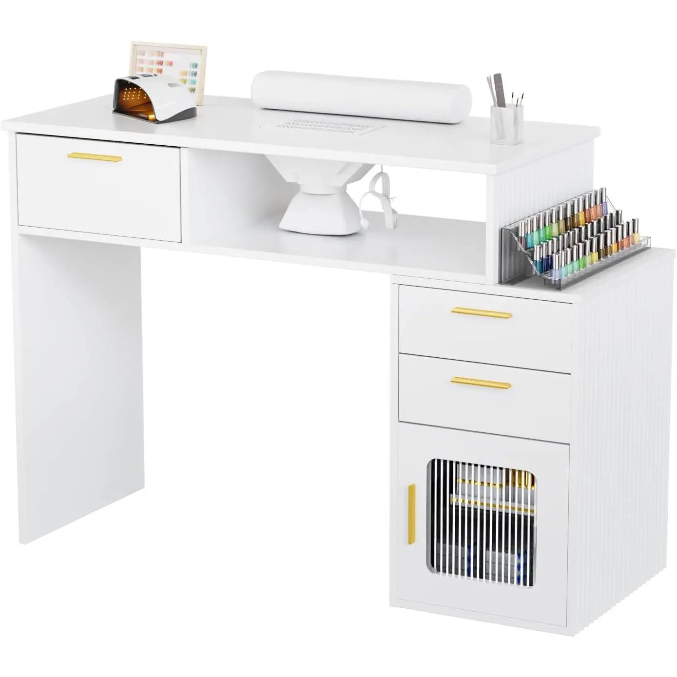 OmySalon Modern Nail Desk Workstation - Commercial Salon Furniture with Ribbed Design, Electric Dust Collector, Main Drawer, Fluted Glass Cabinet, Free Wrist Cushion for Home Use