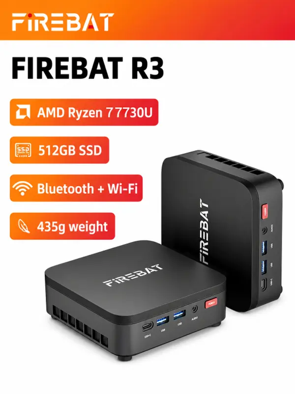 FIREBAT R3 Mini PC AMD Ryzen 7 7730U 16GB LPDDR4 RAM 512GB M.2 SSD Dual SSD Slot, Triple 4K Display Output HDMI2.0+DP1.4+USB-C, WiFi6 BT5.2 Gigabit Ethernet, Compact Small Desktop Computer for Office Business Home Student Use
