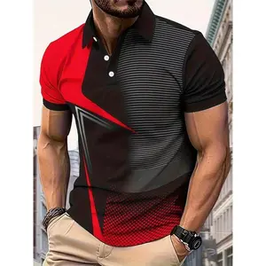 Men's Casual Golf Shirt With Geometric Print, Short Sleeve Lapel Shirt Tops, Outdoor Cloth