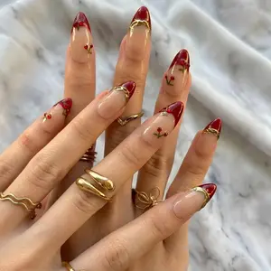 Vampy Cherry Press On Nails | Gold Swirl French Tip | Deep Red Y2K Summer | Bold Date Night Vacation | Custom Shape Handmade Set