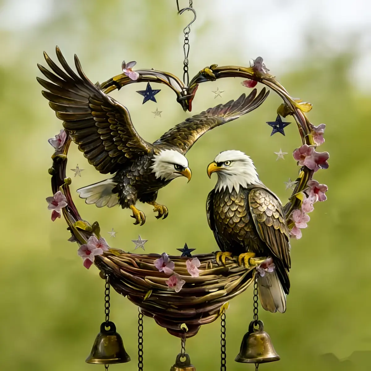 Large Eagle-patterned Wind Chime Set with Bells. Measures 8 Inches Wide X 15.8 Long, a Hand-assembled Metal Garden and Yard Decoration. Features 1.49-inch Bells That Produce a Soothing Sound. Durable Iron Hanging Ornament