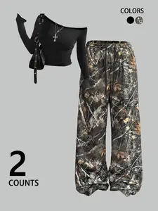 2-Pack Black Off-the-Shoulder Crop Top + Monochrome Leaf Camo Drawstring Pants, TikTok Viral Coquette Aesthetic, Moody Nature Print, Leopard, Slim-Fit Design Perfect for #OOTD, #StreetwearVibes, #Y2KRevival