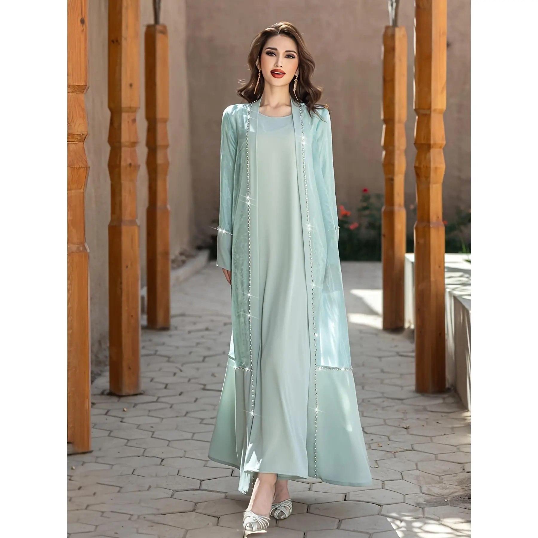 Color Block Rhinestone Long Sleeve Dress Set - Elegant Two-Piece for Women, Polyester, Non-Stretch, Middle East Special Project Style, Conventional Ve