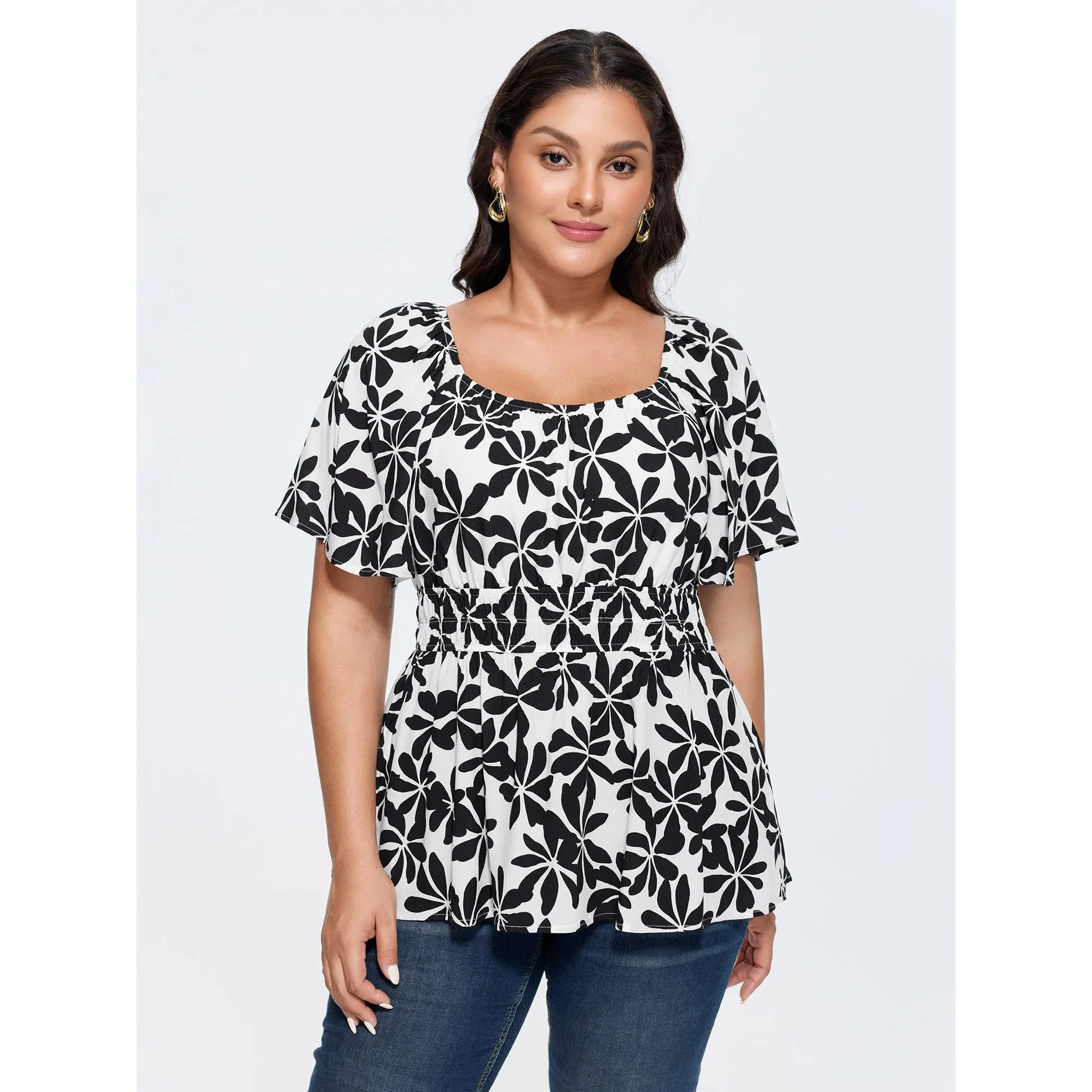 BloomChic Plus Size Tops, Romantic Ruffle Look Floral Rayon Blouse, Casual Fit and Flare with Ruffle Sleeve Flair, Fabric, Shirts, Top, Garment, Smooth, Flowers, Short Sleeves, Comfy Casual, Polyester, Going Out, Iron Flat, Ootd Ideas, Shortsleeve, Style,