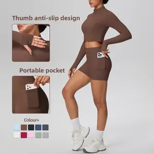 (New) In-stock solid color brushed fabric nude-feel short jacket set with tight-fitting pocket shorts, two-piece fitness yoga outfit