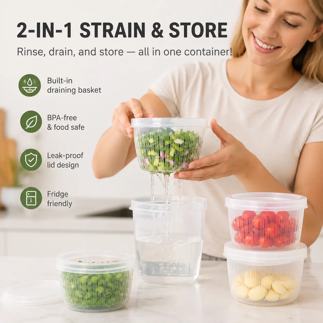 2 Counts, food storage preservation boxes with draining strainer, sealed lid, for storing chopped scallions ginger garlic and small produce in kitchen refrigerator