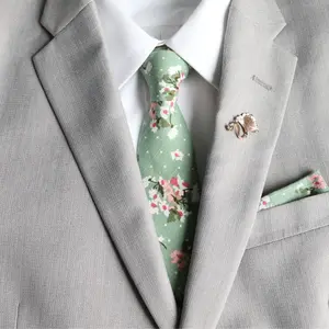 TIE MOOD Taylor Sage Green Floral Necktie, Bow Tie & Pocket Square Collection