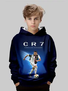 Boys Cr7 Cristiano Ronaldo Inspired Football Sweatshirt, 3D Printed Face and Logo, Hooded Sporty Pullover, Casual Wear, Graphic Print Hoodie