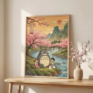 Totoro Inspired Japanese Landscape Print Cherry Blossom Anime Poster  Cozy Studio Ghibli Style Decor  Cute Nature Art Gift