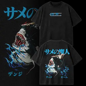 Denji x Beam Chainsaw Man Shark Devil Anime Graphic Tee Acid Washed Oversize T-Shirt Hoodie Retro Vintage Streetwear Manga Inspired Lightweight Cotton Unisex Japanese Style Limited Edition Gift For Anime Fans