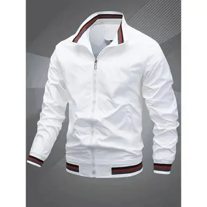 High-Quality Men'S Bomber Jacket with Stripe Trim - Casual Stand Collar, Zip-Up, Long Sleeve, Polyester Lining, Pockets - Ideal for Spring & Summer Outdoor Parties
