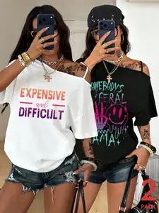 2 Pack Off Shoulder Oversized T-Shirts for Women, Womenswear, Y2K Aesthetic Asymmetrical Strap Casual Tees, Short Sleeve Slouchy Streetwear Tops, TikTok Viral Edgy Outfit, for Daily Wear, Club, Party, Gothic Tops for Teen Girls