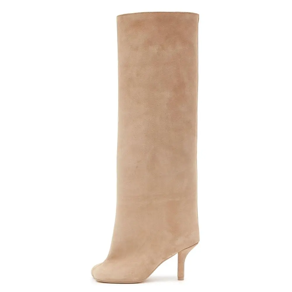 AMNINUGAL Women's Knee High Boots Square Toe Kitten Heel Stiletto Heeled Boots For Woman Wide Calf Long Boots Heeled Slouchy Formal Shoes Winter Boots