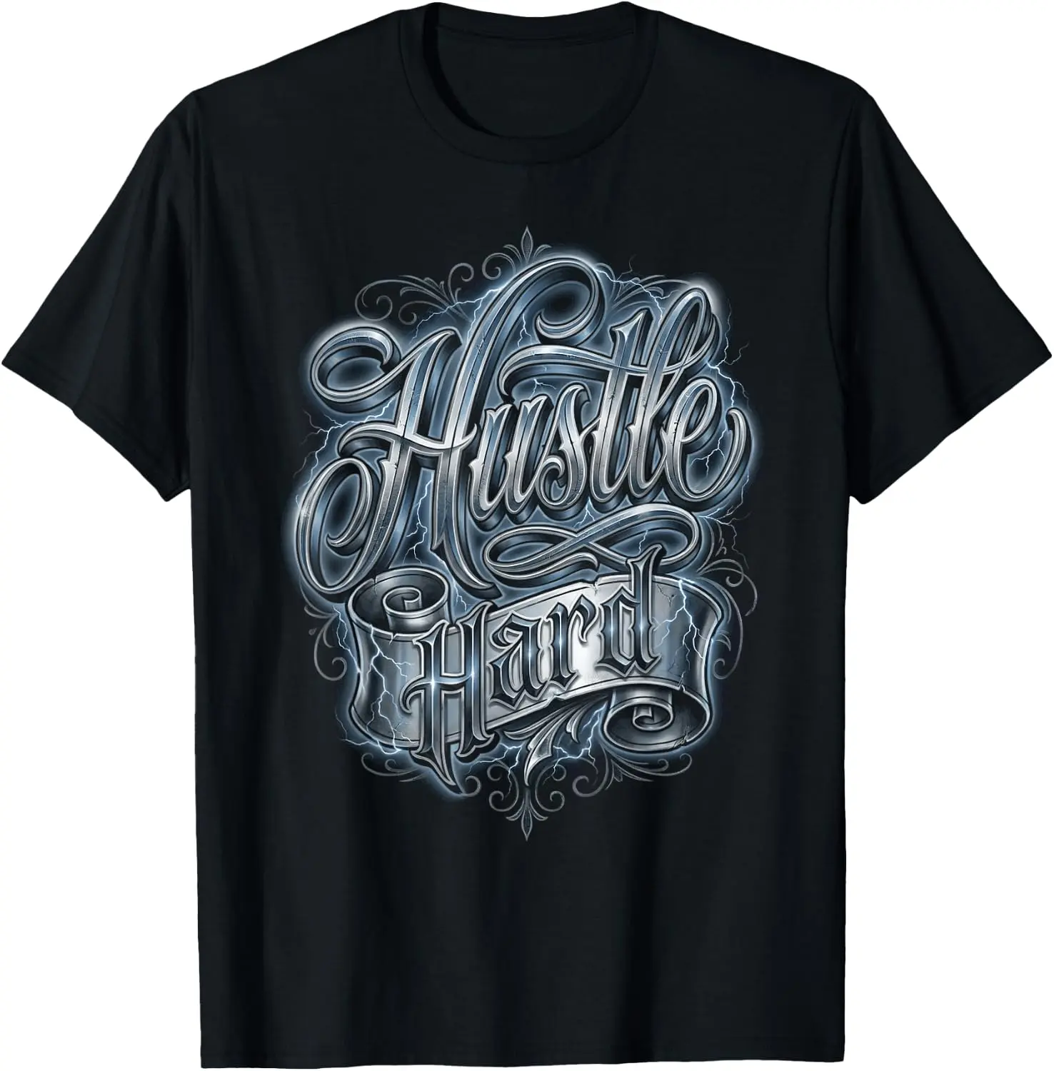 Hustle Hard Chicano Style Tattoo Script Urban Motivation T‑Shirt, Unisex Crew Neck Short Sleeve Graphic Tee, Chicano Urban Culture Casual Daily Top for Men & Women