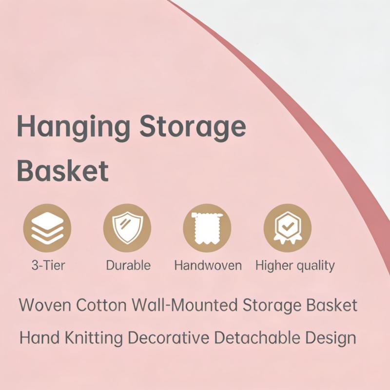 Over the Door Hanging Baskets with Wooden Button, 3-Tier Woven Cotton Storage Organizer Bag, Wall-Mounted with Hook Decorative Hanging Nursery Baskets, Jute