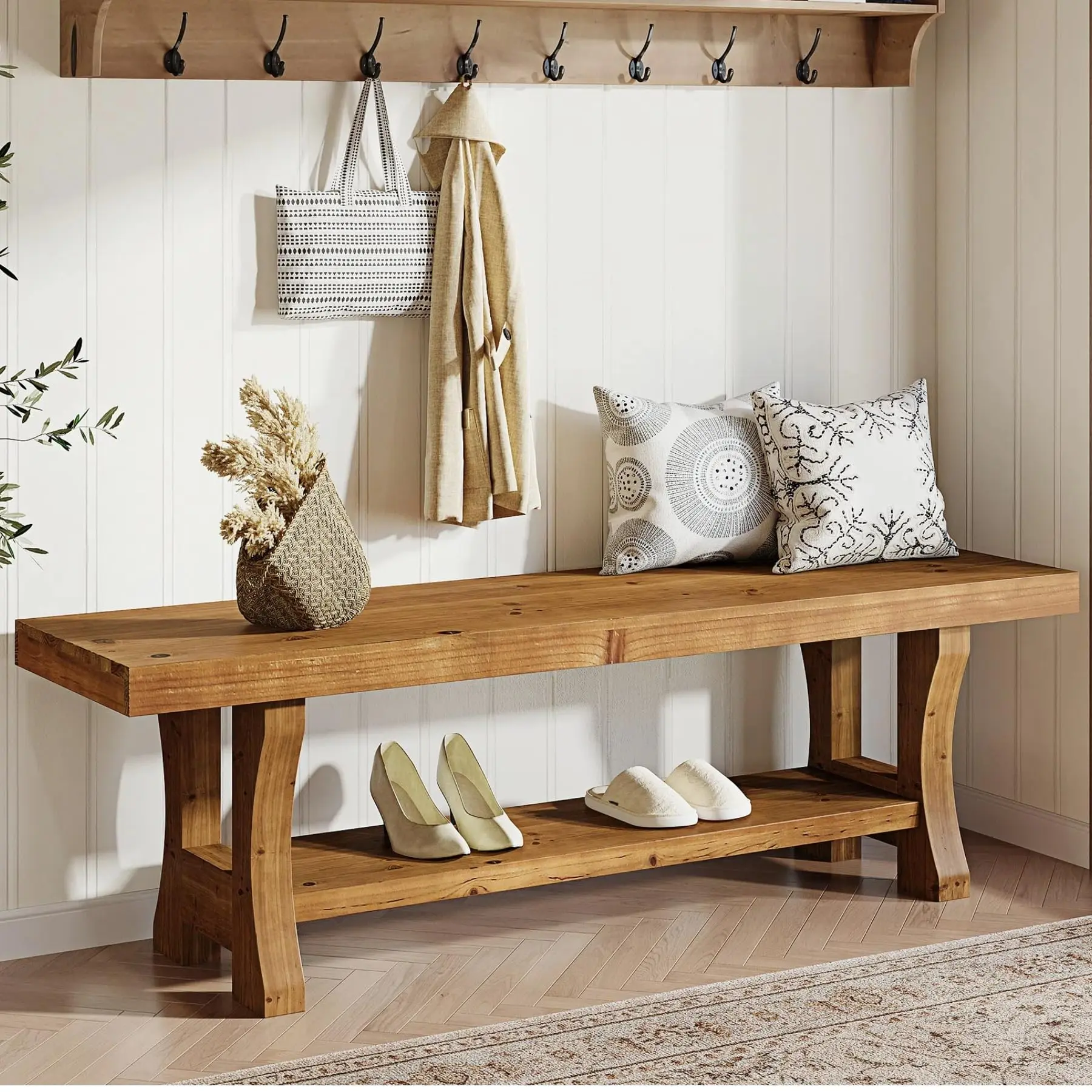 Tribewood Solid Wood Bench, 55" Indoor Seat for Hallway, Bedroom, Living Room, Dining Room, Easy Assembly, Light Brown