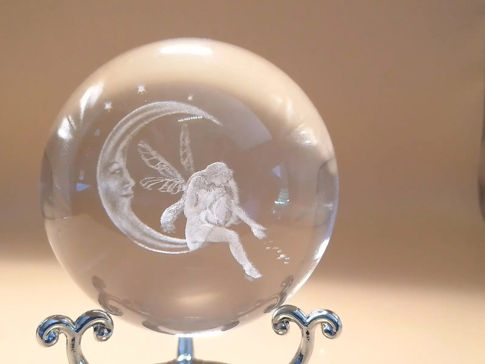 60mm Non-Natural Crystal Ball Paperweight - 3D Laser Engraved Floating Moon & Fairy, Light Glass Fantasy Art Decor with Sturdy Metal Tripod Stand, Desk/Bedroom Gift for Fairy Lovers, Boho/Dark Academia Style, Tabletop, Boho, Dark Academia, Or Eclectic Roo