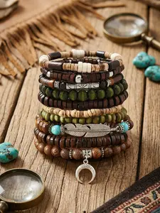 10pcs Boho Layered Wooden Beaded Bracelet Set, Adjustable Ethnic Tribal Multilayer Wristbands, Unisex Hemp Rope Cuff Bracelet Gift, Durable Bracelet, Beads Bracelets