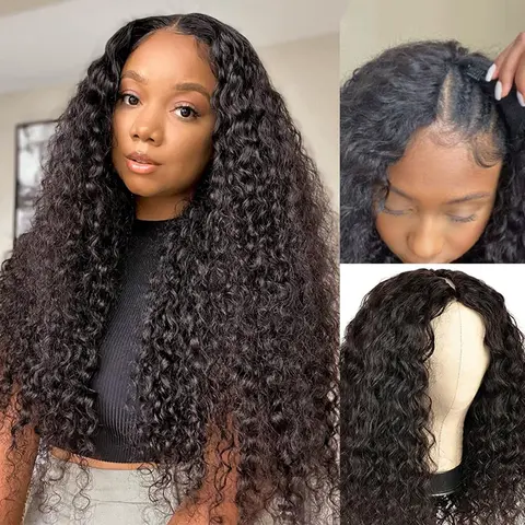 Bling Hair V Part Wig Human Hair Deep Wave Upgrade U Part Glueless Human Hair Wig with Drawstring 180% Density No Leave Out No Sew In V Shape Half Wig For Women Beginner Friendly 3X Longer Lifespan