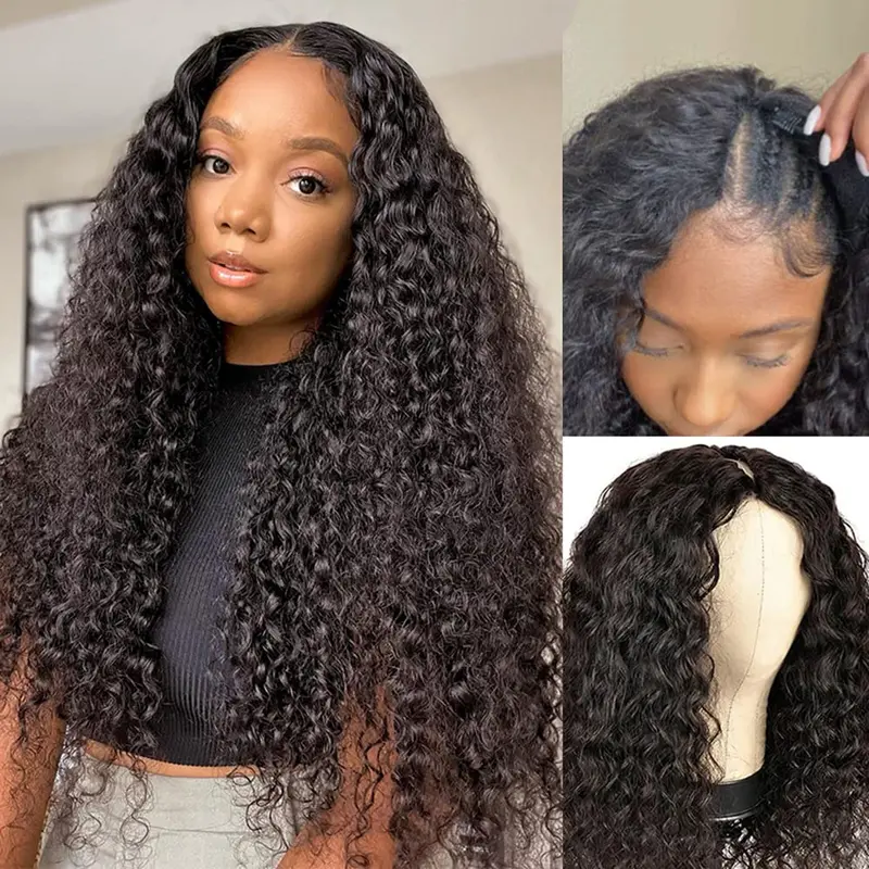 Bling Hair V Part Wig Human Hair Deep Wave Upgrade U Part Glueless Human Hair Wig with Drawstring 180% Density No Leave Out No Sew In V Shape Half Wig For Women Beginner Friendly 3X Longer Lifespan