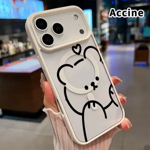 Magnetic Phone Case for iPhone 17 Pro Max 16 Plus 15 14 13 12 11 Air E Cute bear heart Pattern Acrylic Transparent Anti-Scratch wireless charging compatible Phone Back Cover