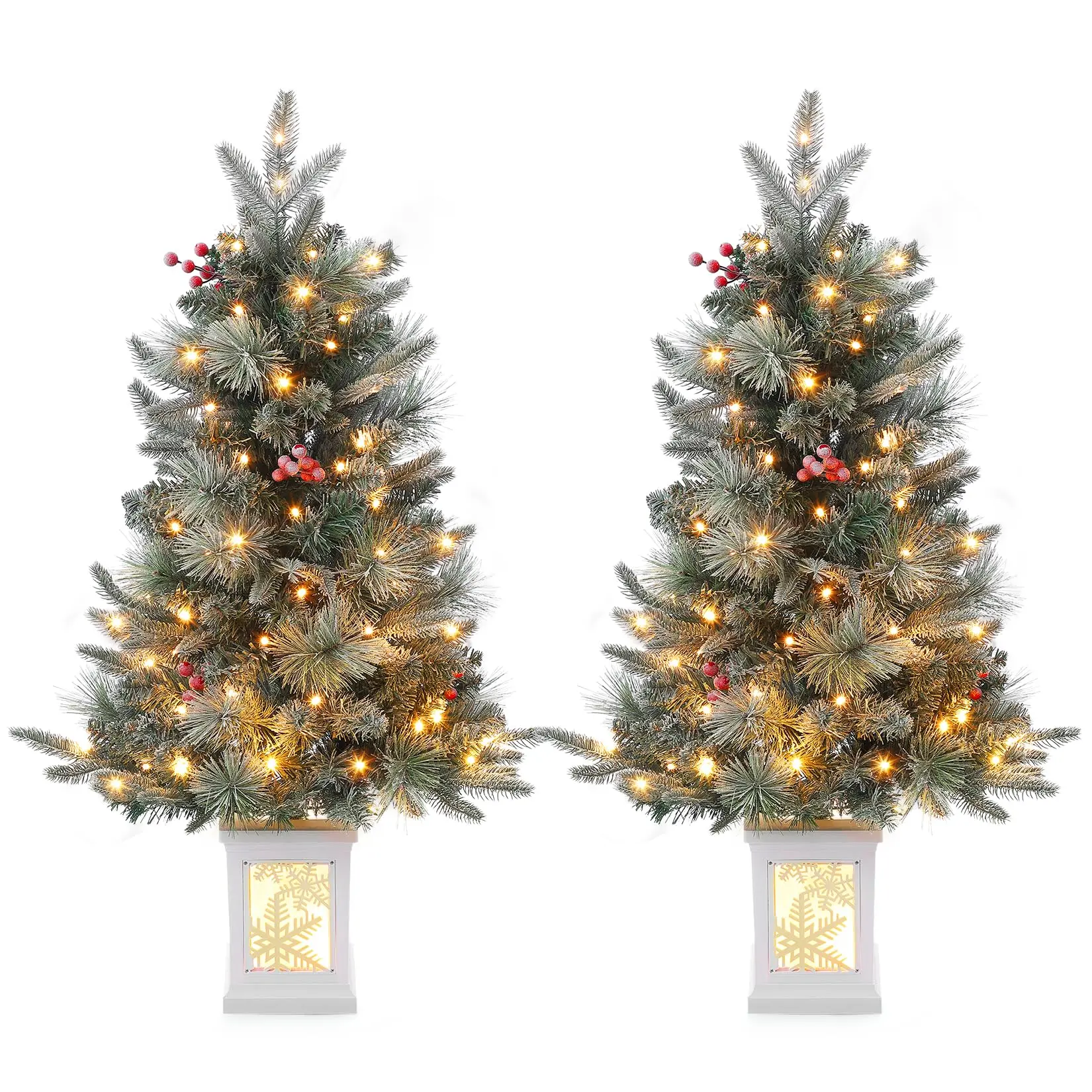 【Christmas Gift】GAOMON 2PCS 3FT Snowflake Light Box Frost Descent,3Ft Prelit Snow Flocked Artificial Christmas Tree - 78 Warm White LED Battery Operated Timer, 8 Lighting Modes, Small Tabletop Xmas Tree for Indoor Outdoor Holiday Decor, Set of 2
